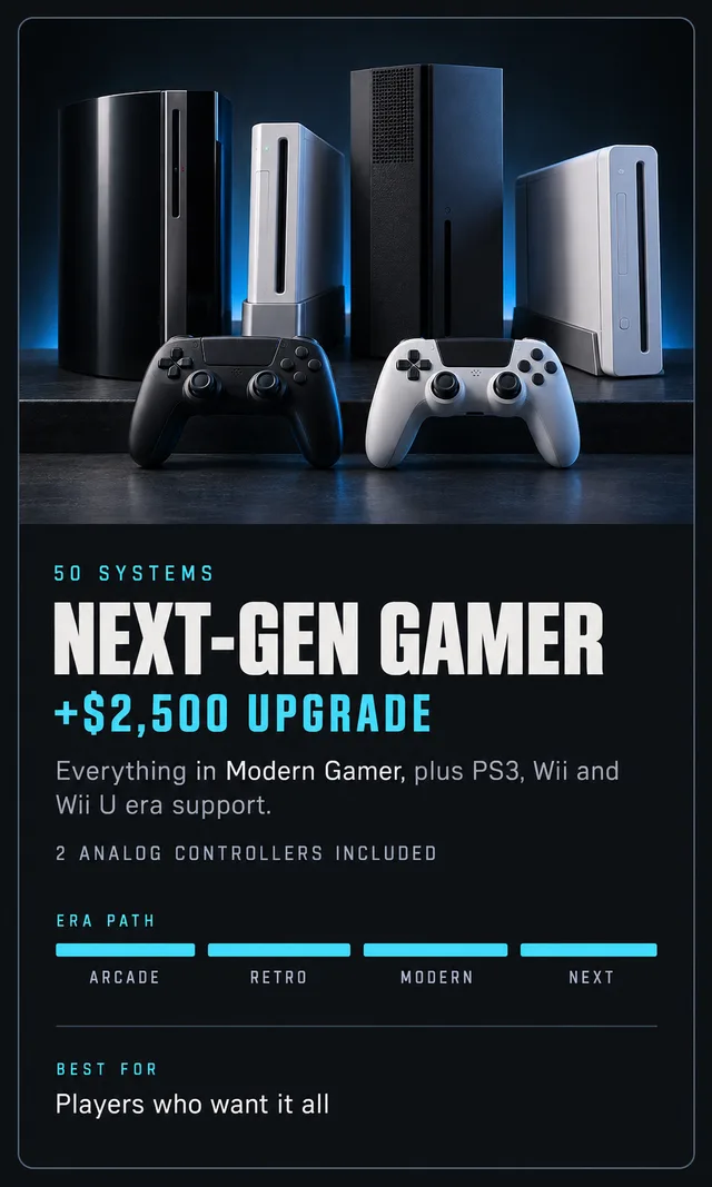 Next-Gen Gamer game package: 50 systems, +$2,500 upgrade. The broadest Phantom game compatibility. Best for Players who want it all.