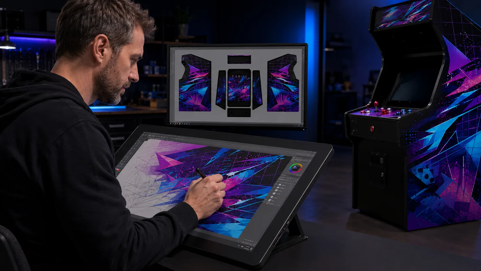 A Phantom designer creating custom cabinet artwork on a drawing tablet, with the finished cabinet alongside