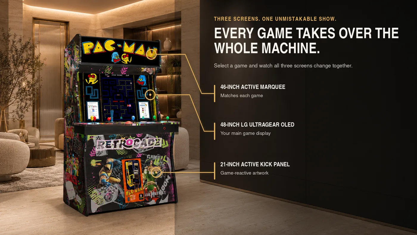 Every game takes over the whole machine: 46-inch active marquee, 48-inch LG UltraGear OLED and 21-inch active kick panel