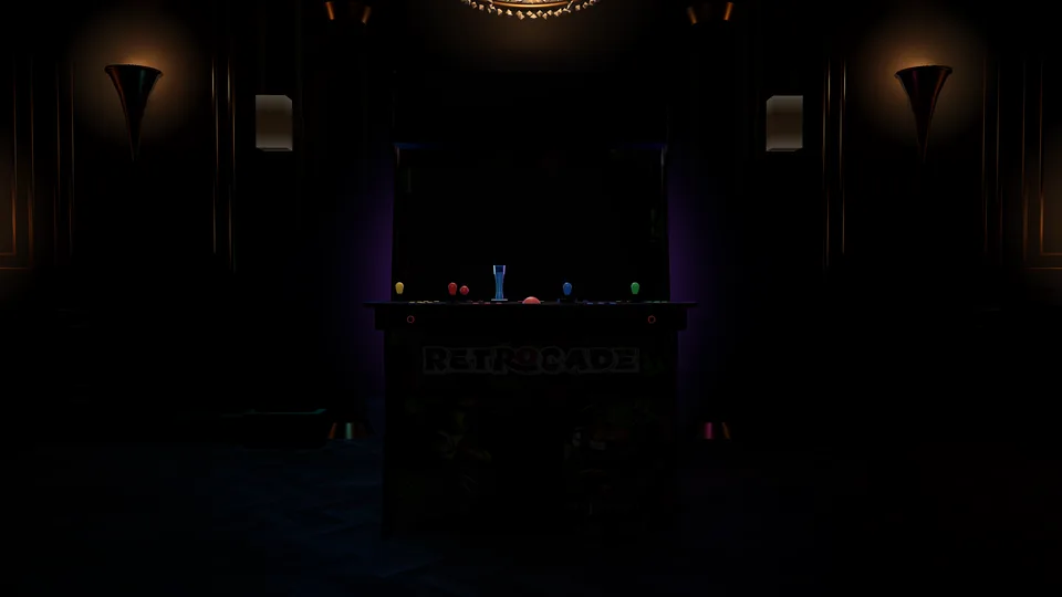 The Phantom Arcades Final Boss custom arcade cabinet, lit in a dark room