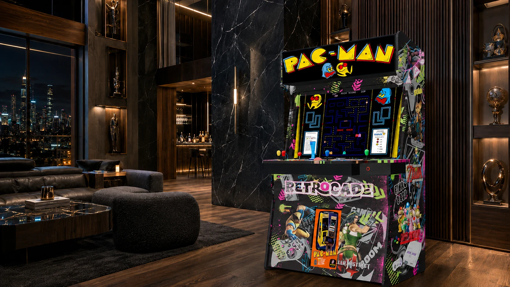 A Final Boss arcade with a Pac-Man marquee in a penthouse lounge overlooking the city at night