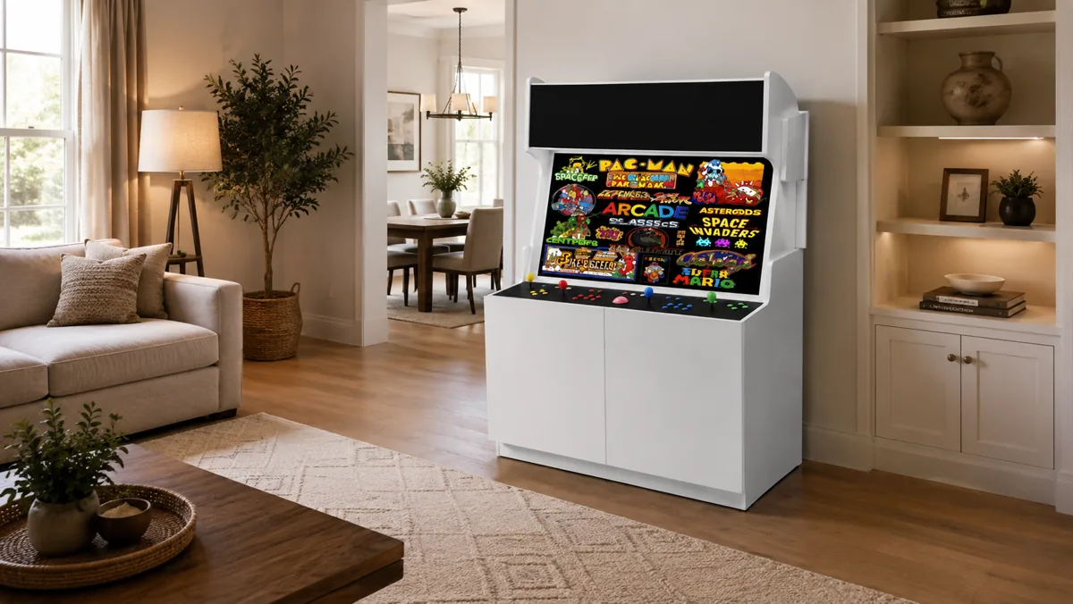 The 50-inch HideAway arcade open for four-player play in a living room