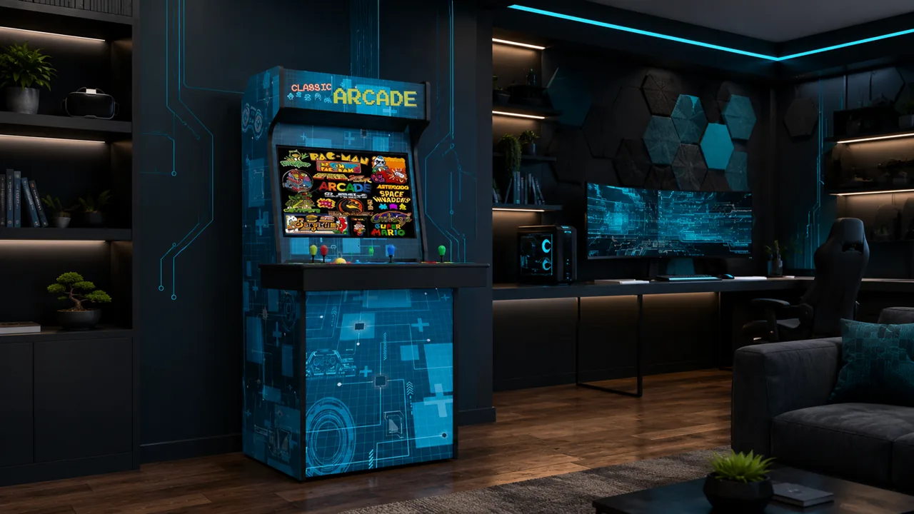 The 32-inch Level Up arcade with custom artwork in a modern blue-lit game room