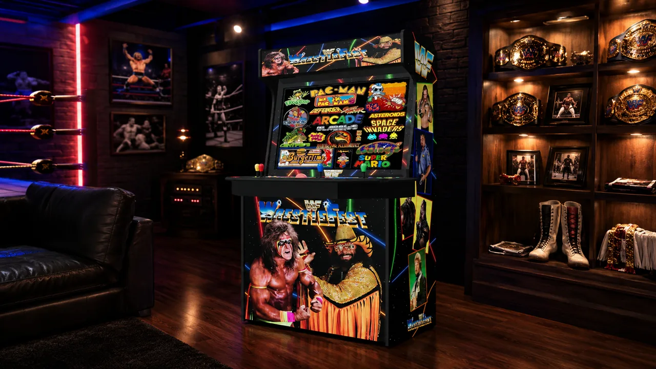 The 43-inch Level Up arcade with custom artwork in a themed game room