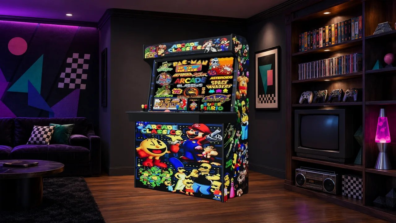 The 50-inch Level Up arcade with classic-game artwork in a purple-lit retro game room