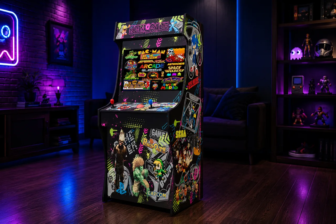 The Retro Revival 32 arcade with custom retro game artwork in a neon-lit game room