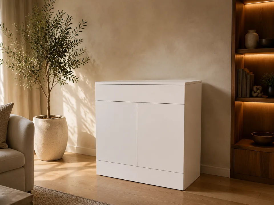 The HideAway arcade closed &mdash; a clean white cabinet that looks like living-room furniture