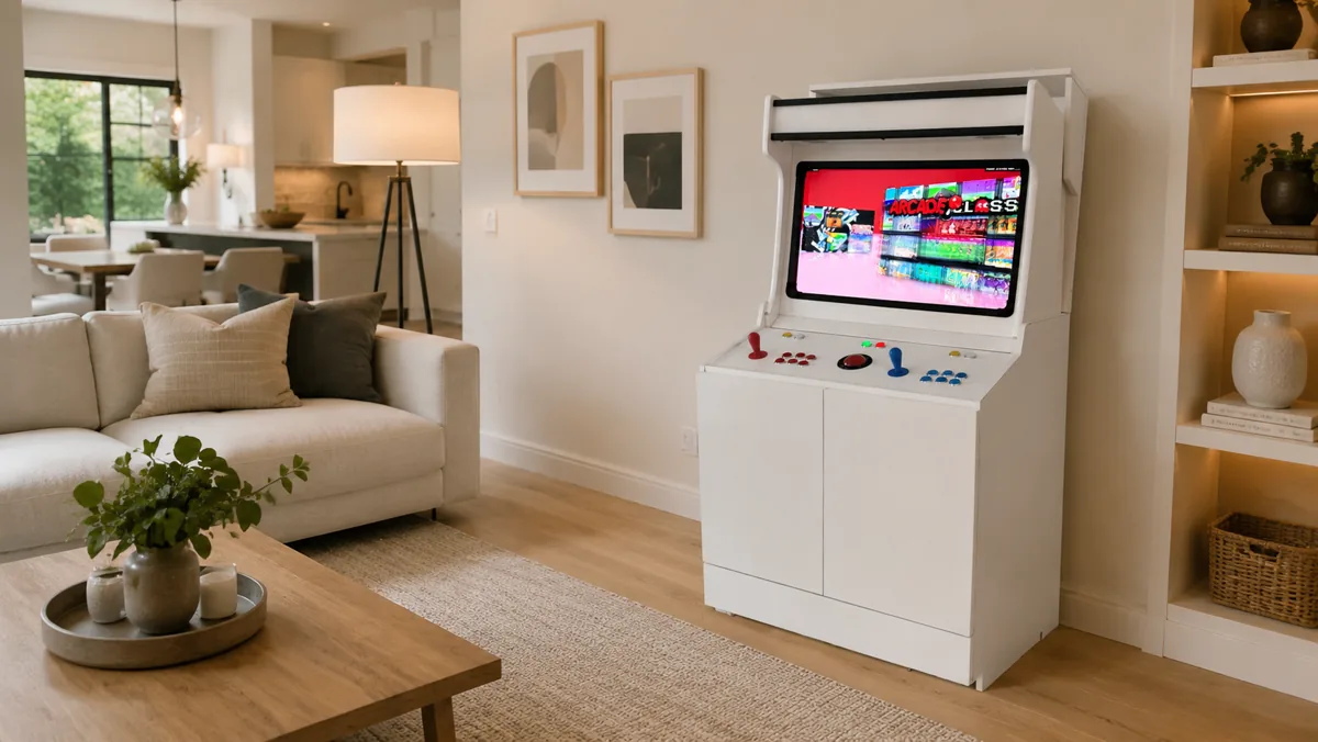 The HideAway arcade set up and playing in a living room
