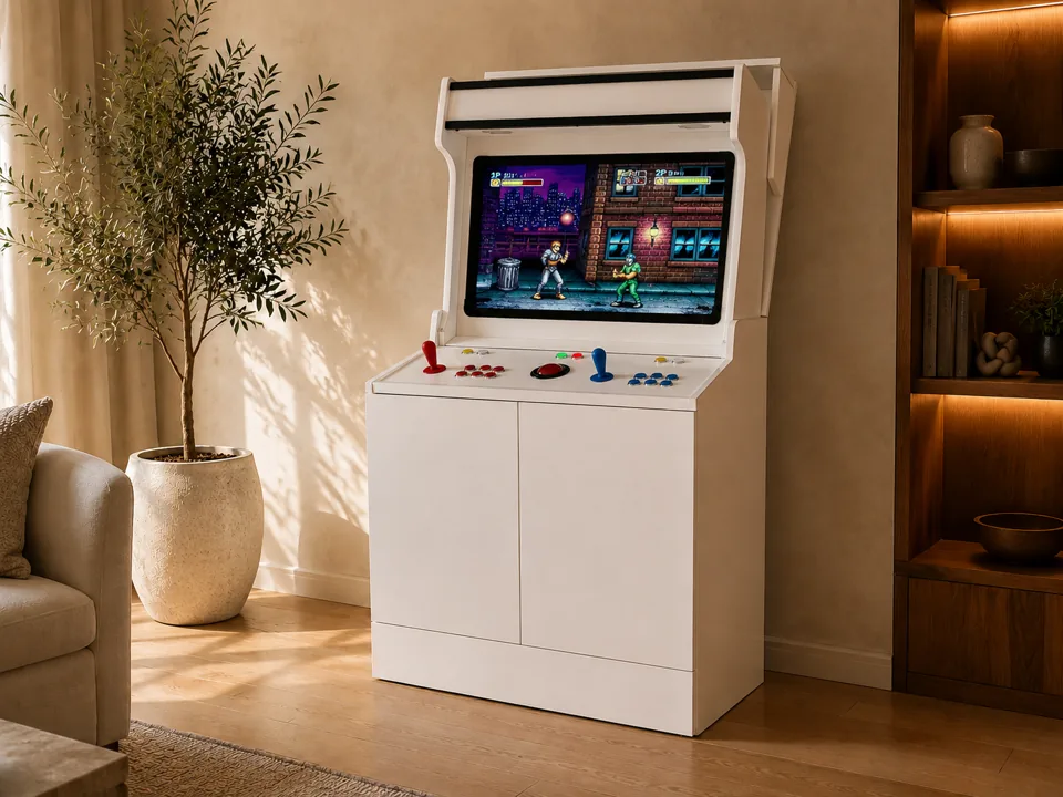 The HideAway arcade fully open and ready to play, screen lit with a game
