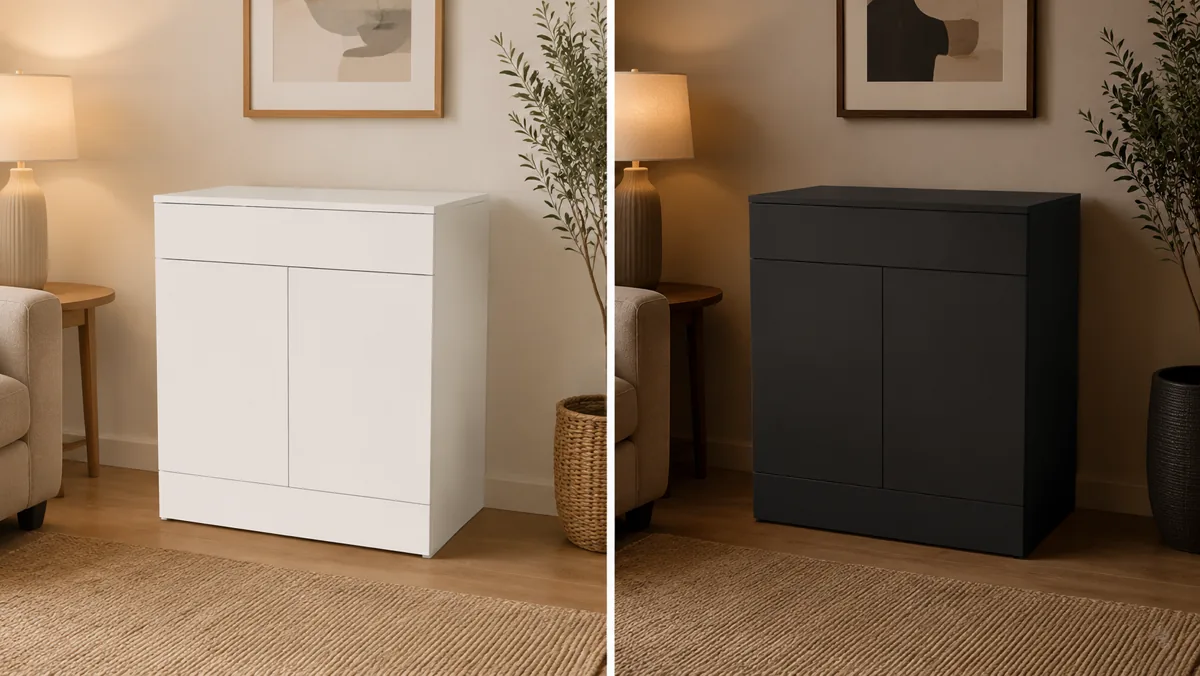 The HideAway cabinet in white and in black — your finish, your choice