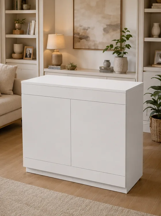 The HideAway 50 closed &mdash; a clean white cabinet that looks like living-room furniture