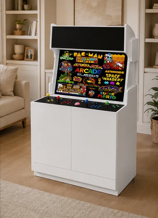The HideAway 50 fully open and ready to play, screen lit with a game