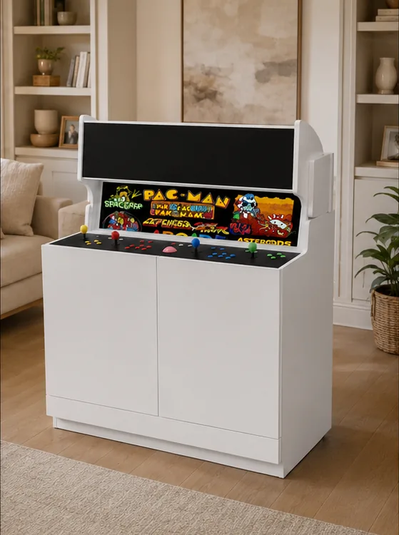 The HideAway 50 rising &mdash; the screen, controls and marquee emerging from the cabinet