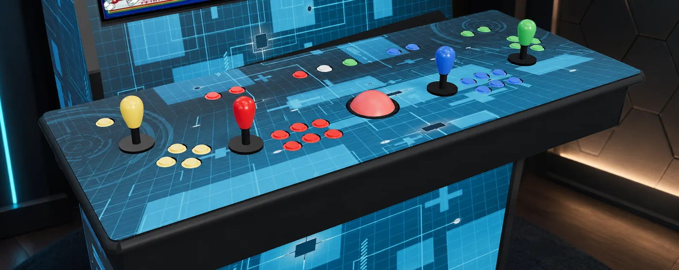The Level Up four-player control deck, four joysticks and a trackball across the panel