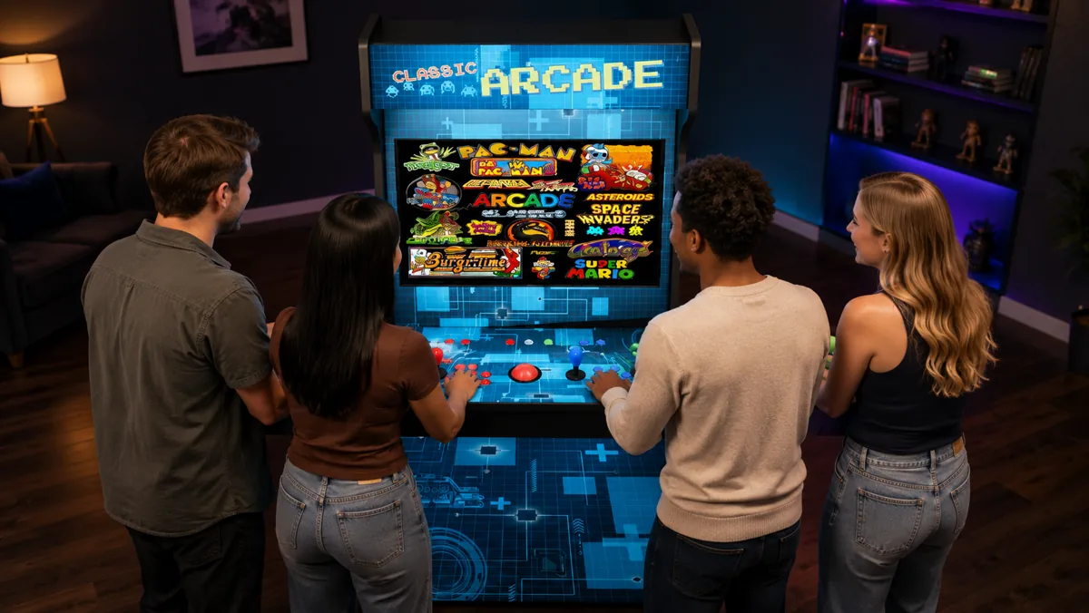 Four people playing a 32-inch Level Up arcade together