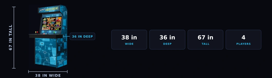 The 32-inch Level Up — 38 inches wide, 36 inches deep, 67 inches tall, four players
