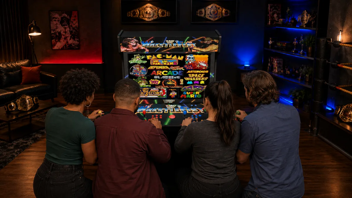 Four players around a 43-inch Level Up arcade in a game room