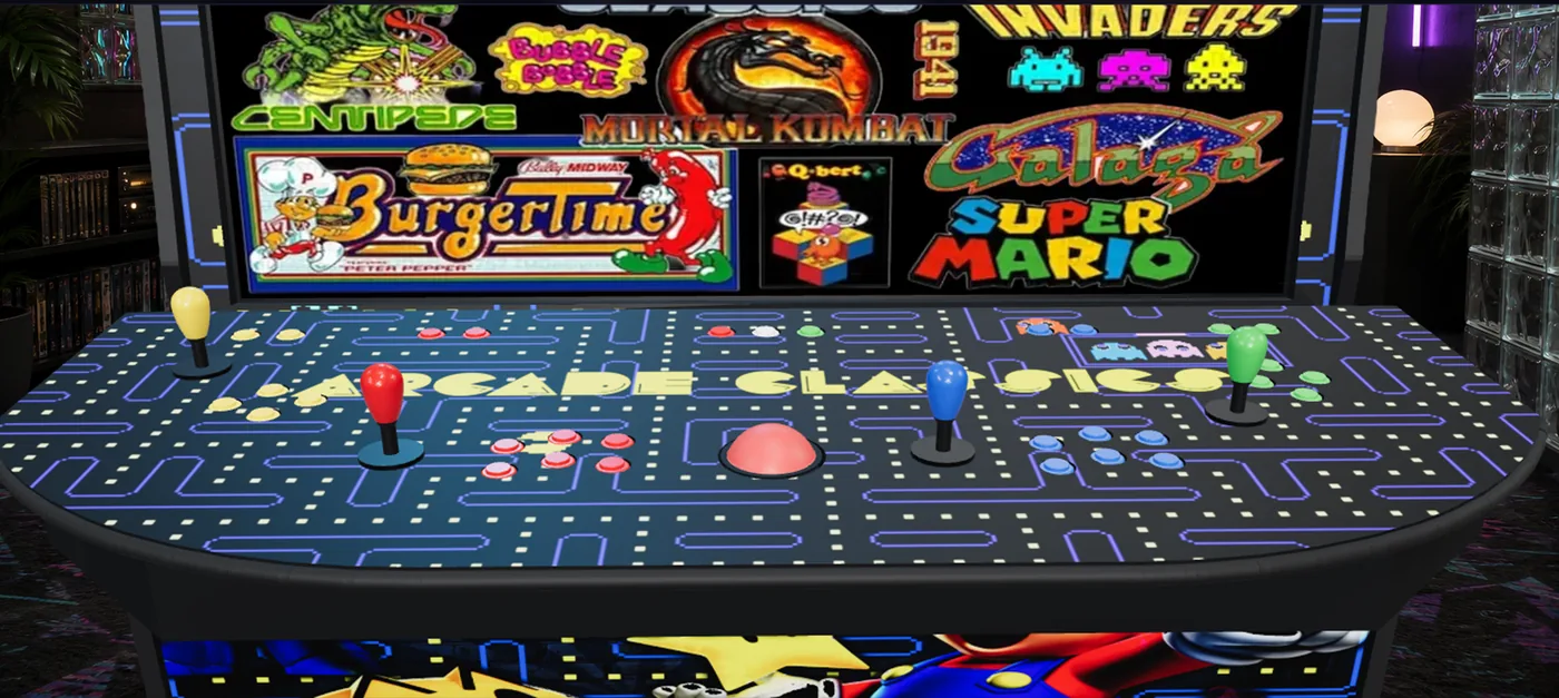 The 50-inch Level Up four-player control deck, four sticks and a trackball across the panel
