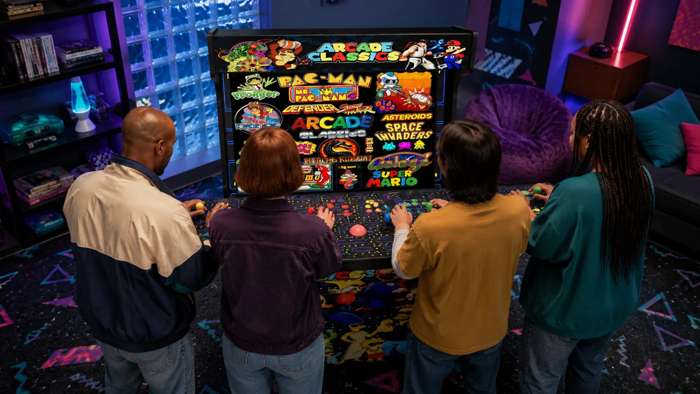 Four players together at the 50-inch Level Up, Arcade Classics on screen