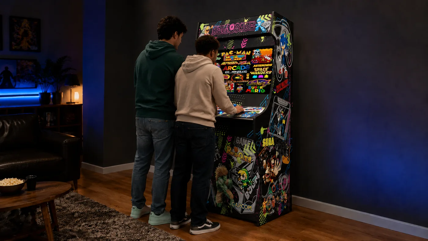 Two players at a Retro Revival cabinet in a living room